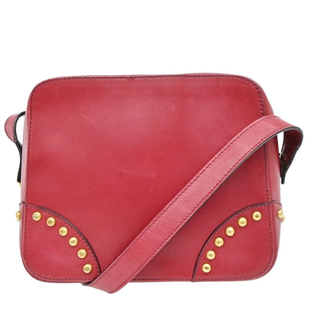 CELINE PARIS Logo Circle Studs Shoulder Bag Leather Red Gold Italy 62KP173